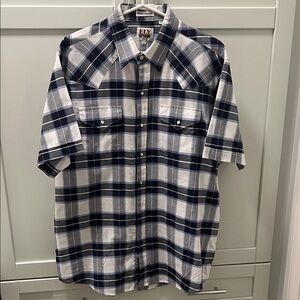ELY CATTLEMAN Black Blue and White Button Down Up Wrinkle Resistant Plaid Shirt